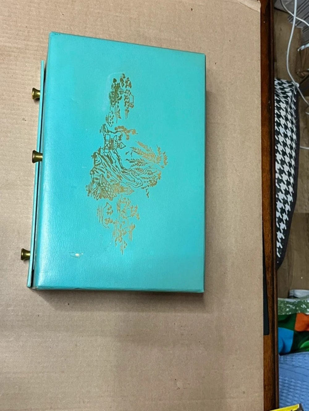 Vintage Mid Century Turquoise Jewelry Box Gold Chinoiserie Asian Pagoda Storage